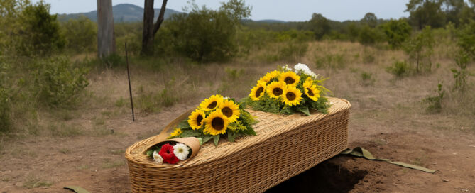 A natural burial area at a cemetery surrounded by trees and bushland.