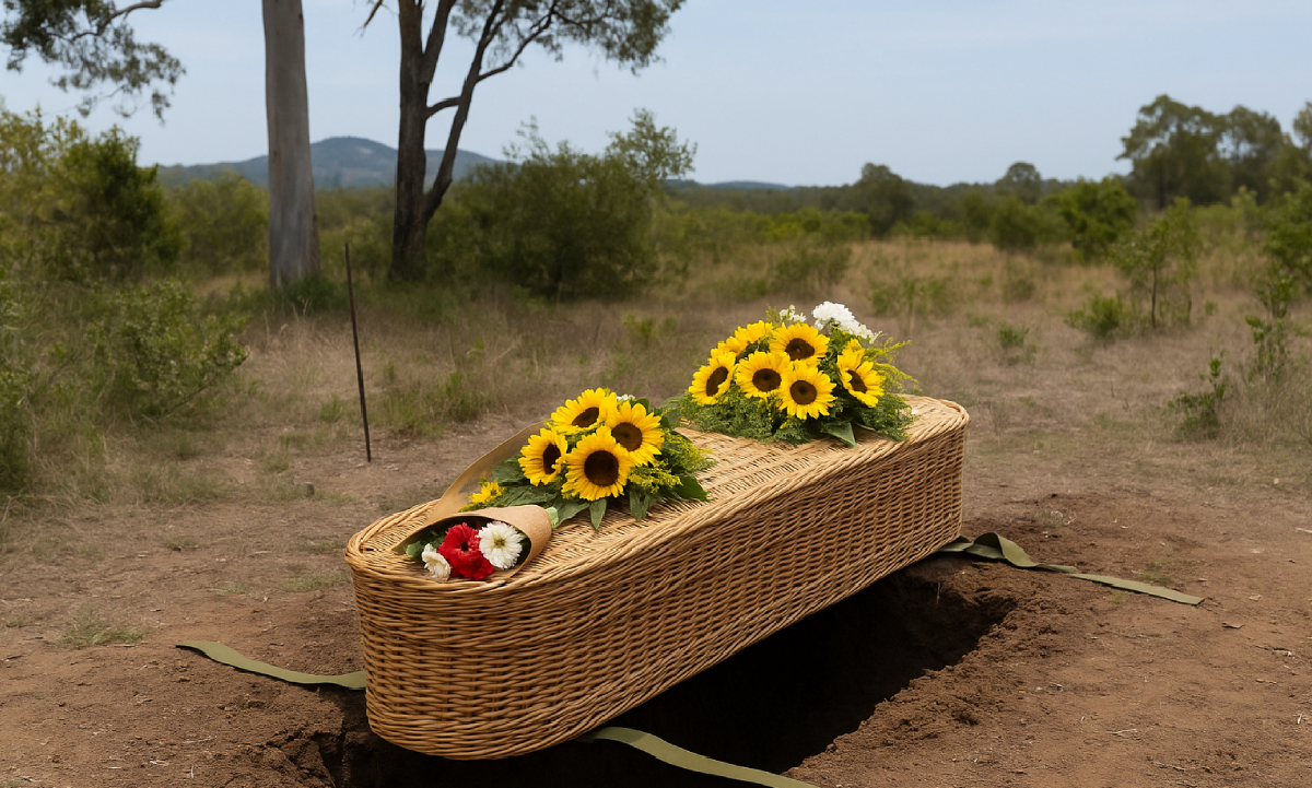 A natural burial area at a cemetery surrounded by trees and bushland.
